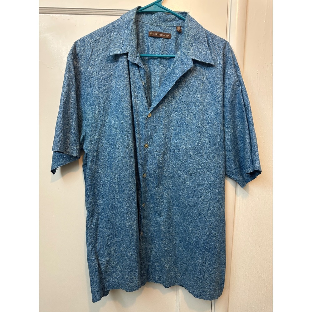 Tori Richard Mens Large Blue Paisley Cotton Lawn Button Up Shirt Made in Hawaii